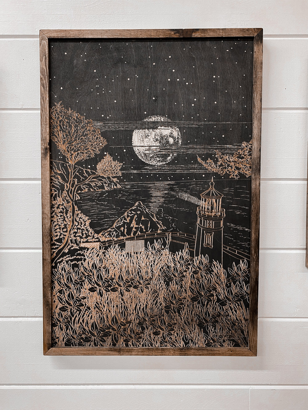 Hand Sketched Heceta Head Lighthouse Moonlight Oregon Wood Artwork