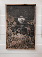 Load image into Gallery viewer, Hand Sketched Heceta Head Lighthouse Moonlight Oregon Wood Artwork
