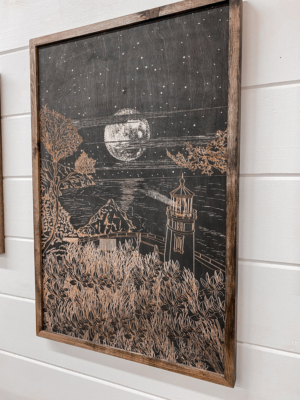 Hand Sketched Heceta Head Lighthouse Moonlight Oregon Wood Artwork