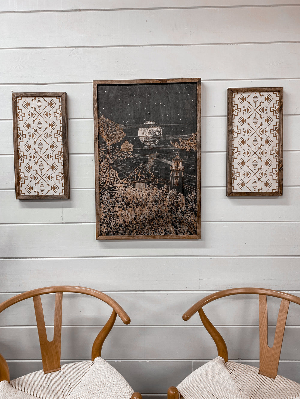 3 Piece Hand Sketched Heceta Head Lighthouse Moonlight Oregon Wood Artwork with Aztec