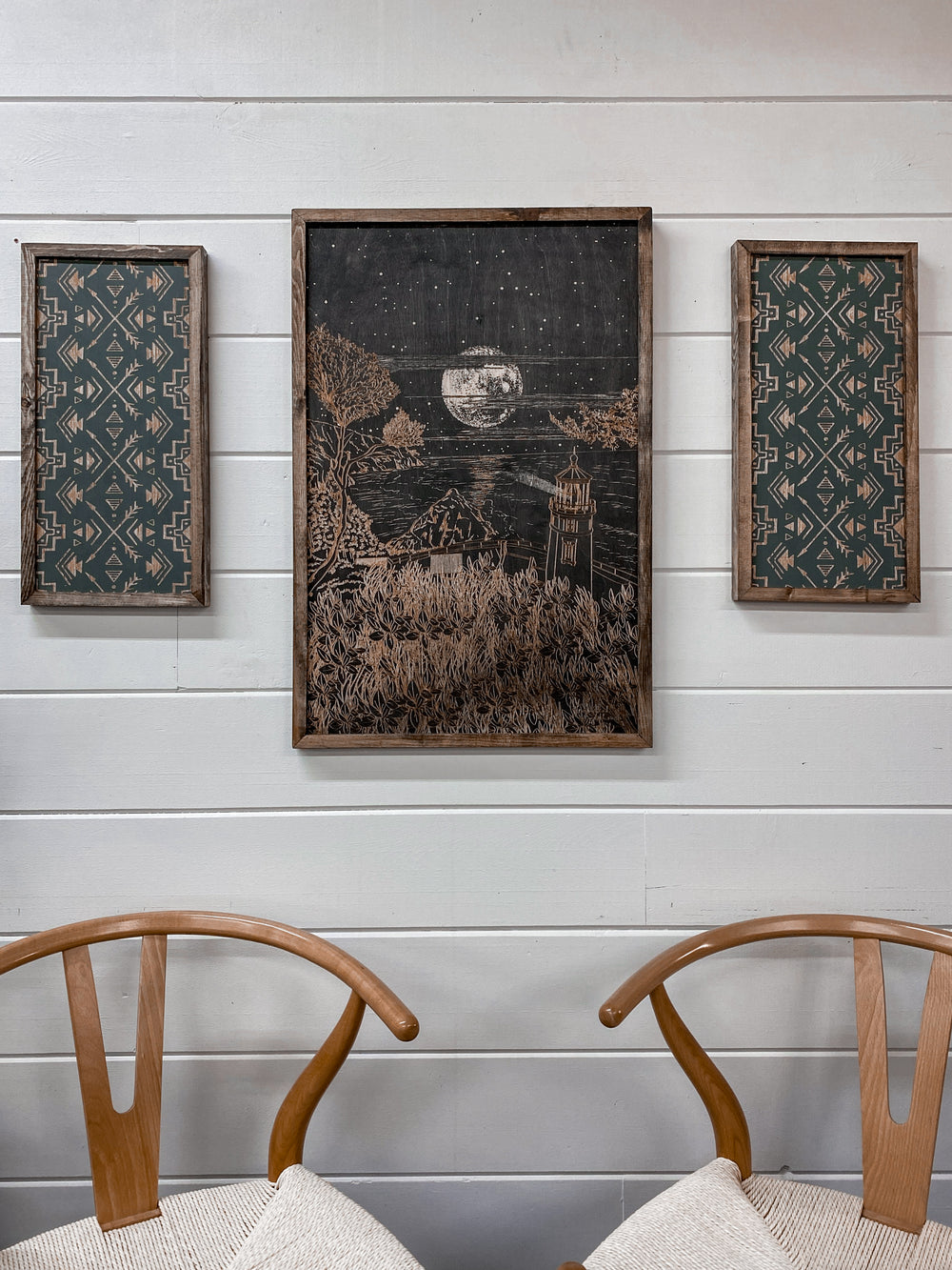 3 Piece Hand Sketched Heceta Head Lighthouse Moonlight Oregon Wood Artwork with black Aztec Arrows
