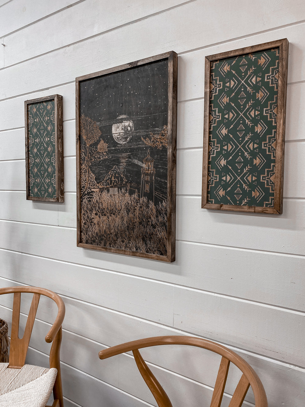 3 Piece Hand Sketched Heceta Head Lighthouse Moonlight Oregon Wood Artwork with black Aztec Arrows