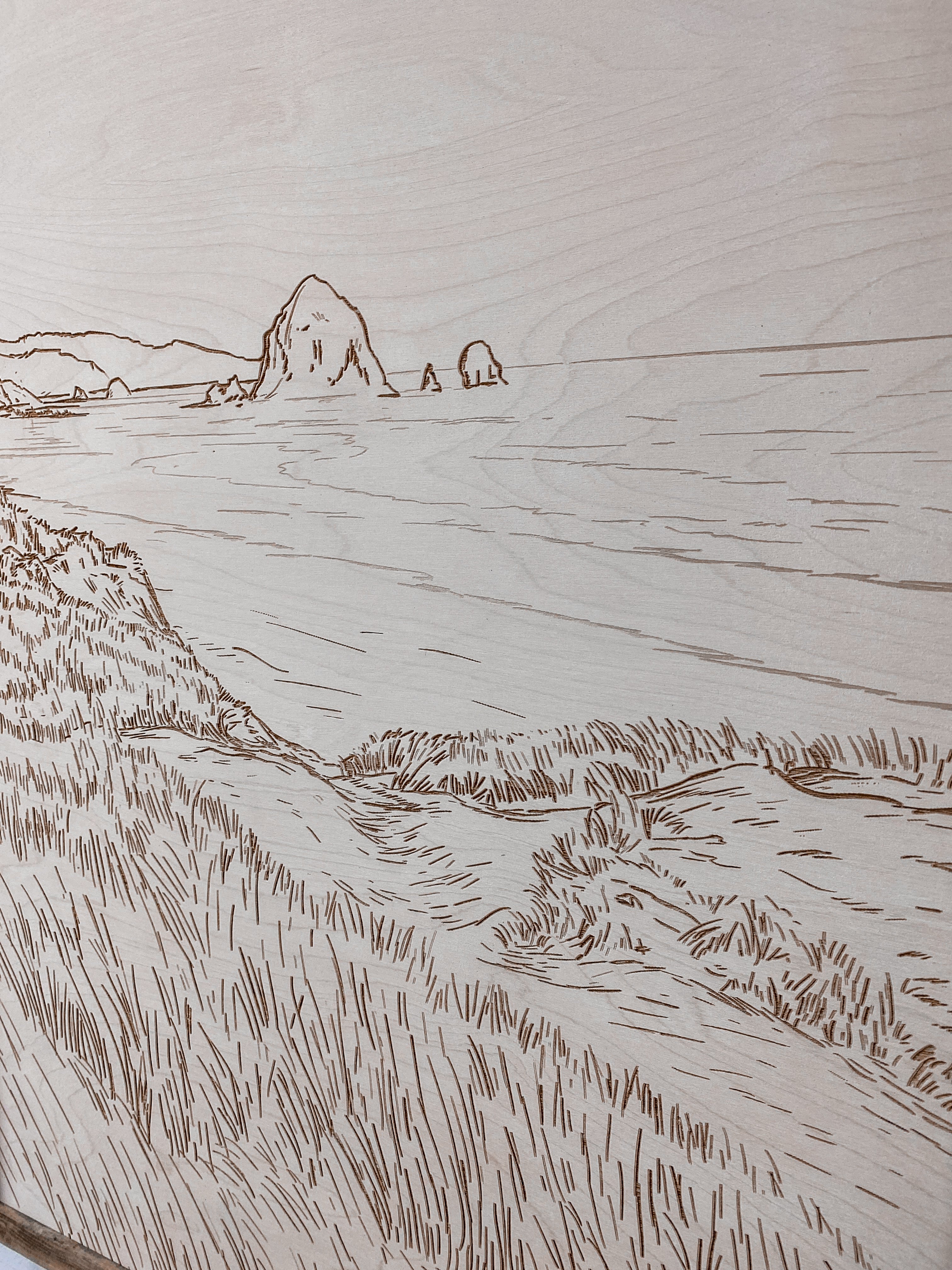 Hand Sketched Cannon Beach Oregon Wood Artwork