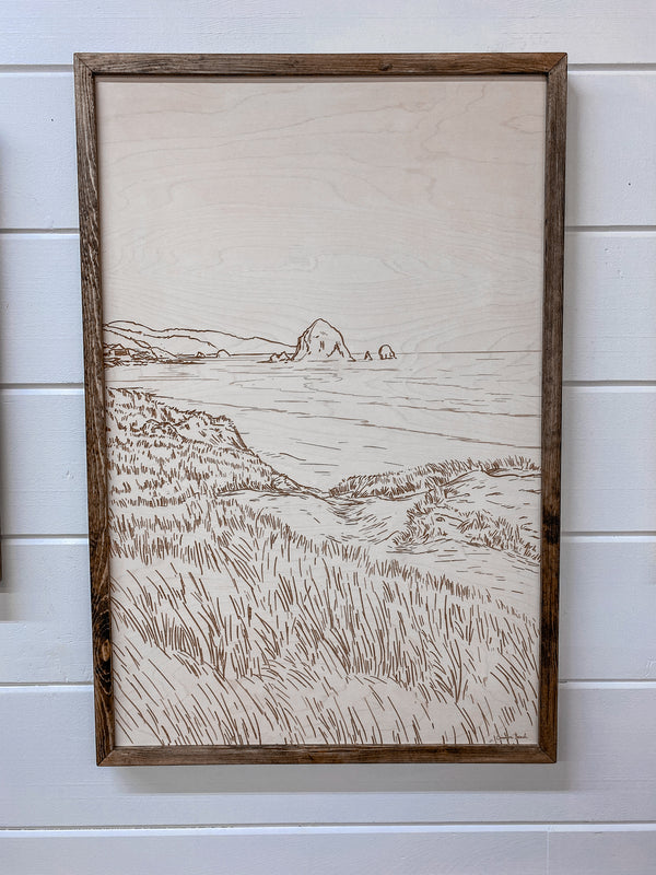 Hand Sketched Cannon Beach Oregon Wood Artwork
