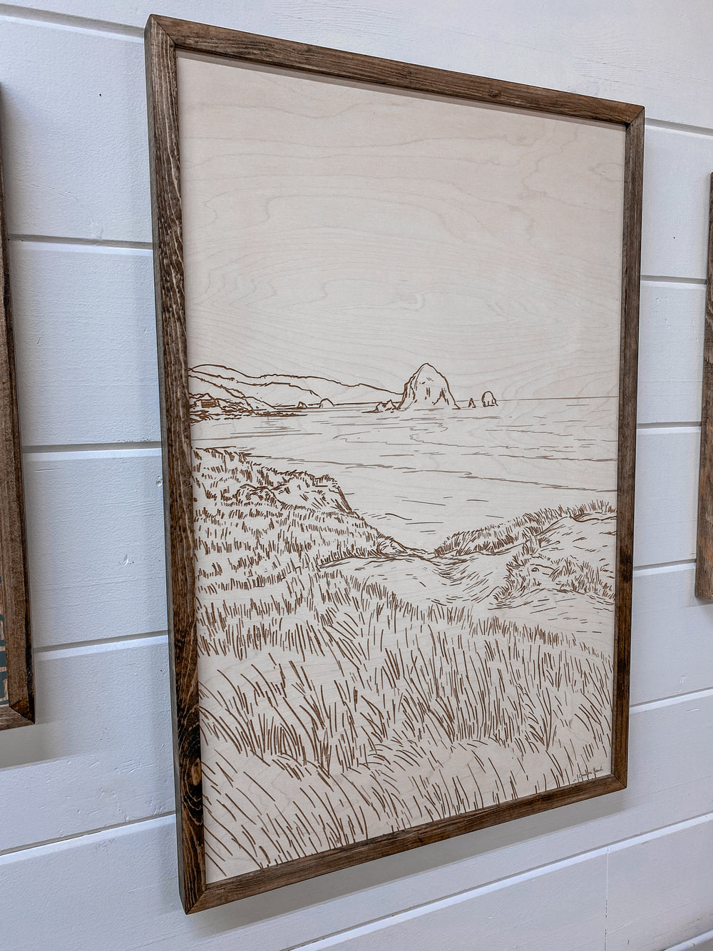 3 Piece Hand Sketched Cannon Beach Oregon Wood Artwork with Black Aztec/Arrow