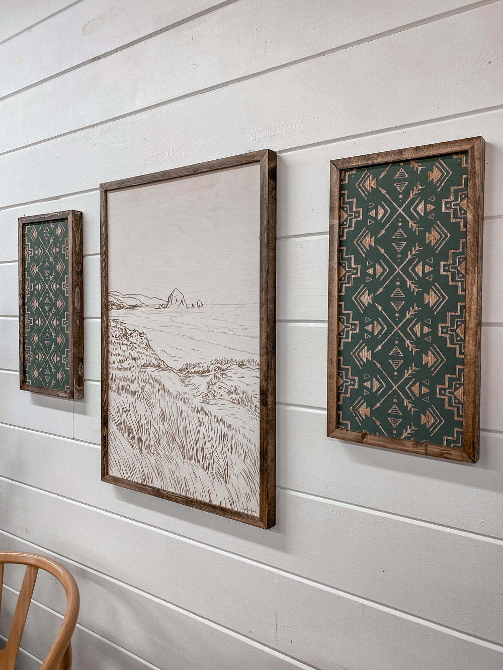 3 Piece Hand Sketched Cannon Beach Oregon Wood Artwork with Black Aztec/Arrow