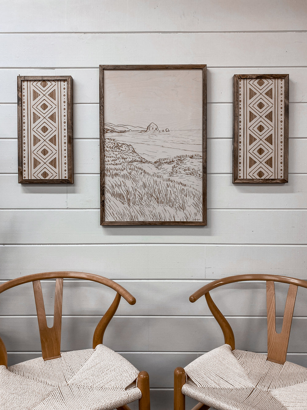 3 Piece Hand Sketched Cannon Beach Oregon Wood Artwork with Bold Aztec