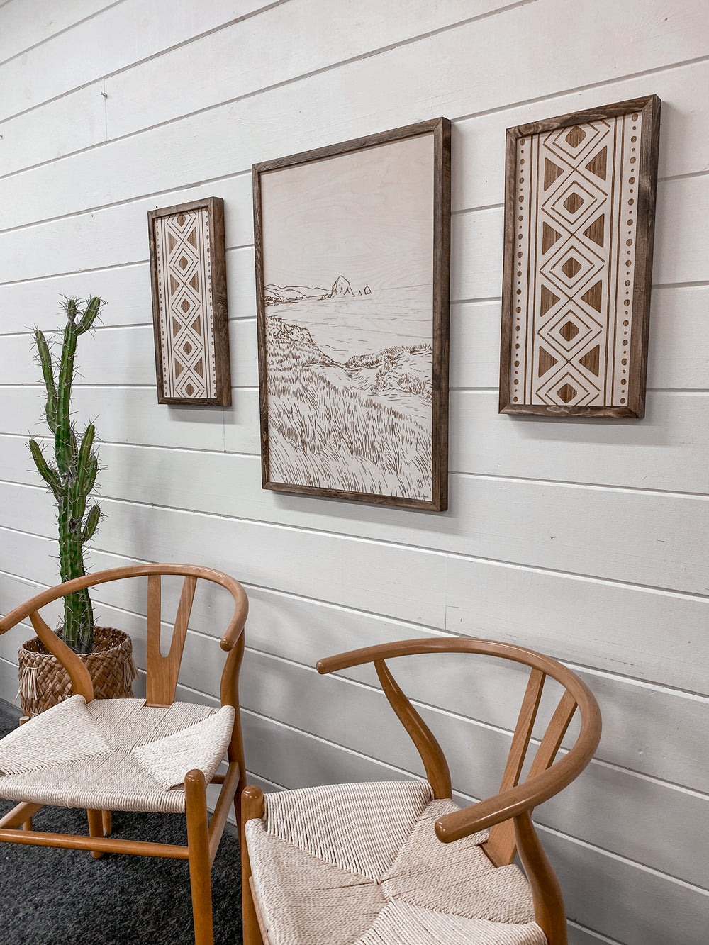 3 Piece Hand Sketched Cannon Beach Oregon Wood Artwork with Bold Aztec
