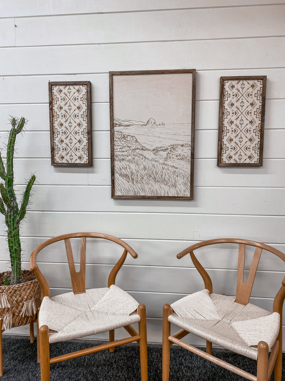 3 Piece Hand Sketched Cannon Beach Oregon Aztec Wood Artwork
