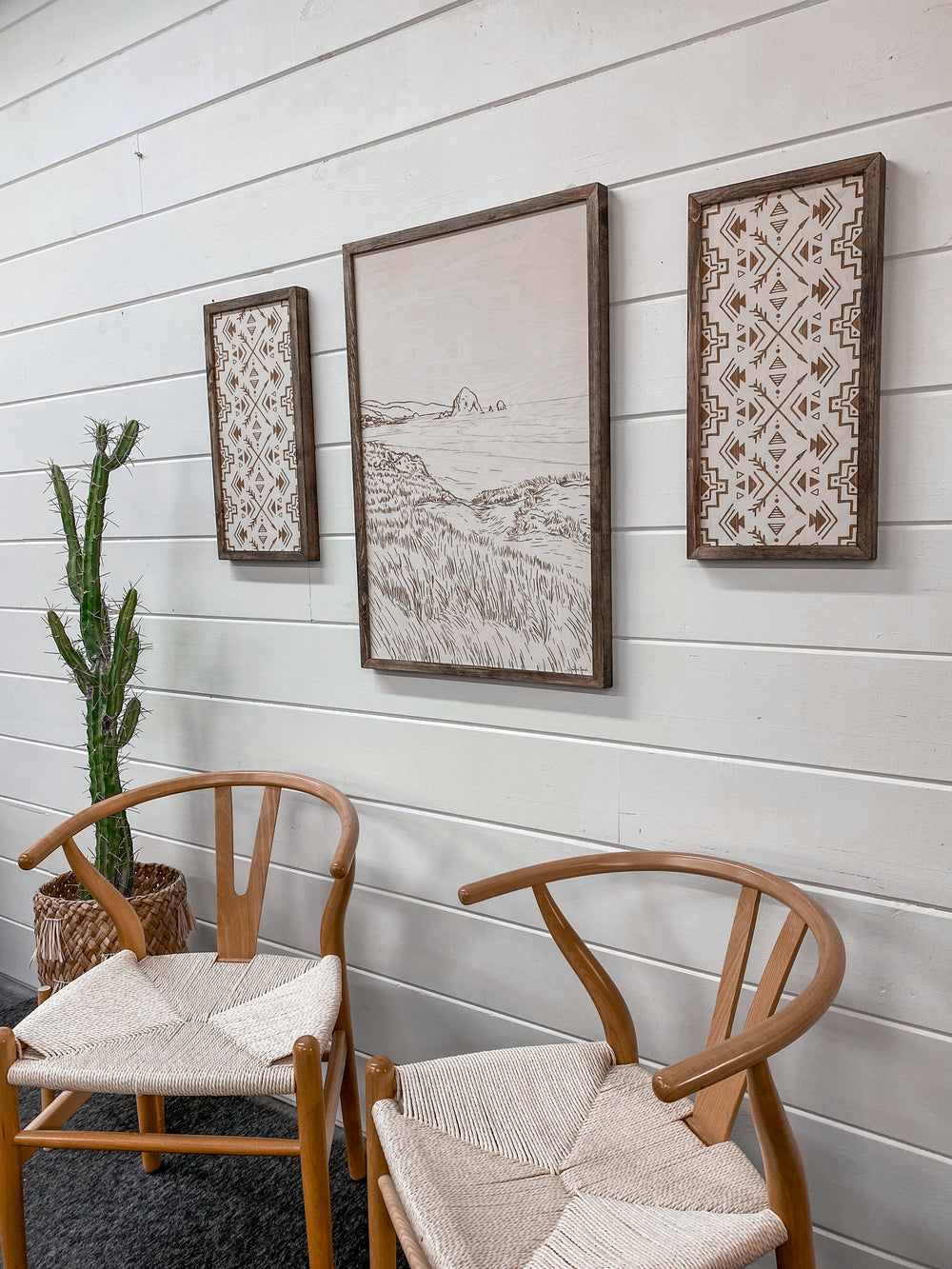 3 Piece Hand Sketched Cannon Beach Oregon Aztec Wood Artwork