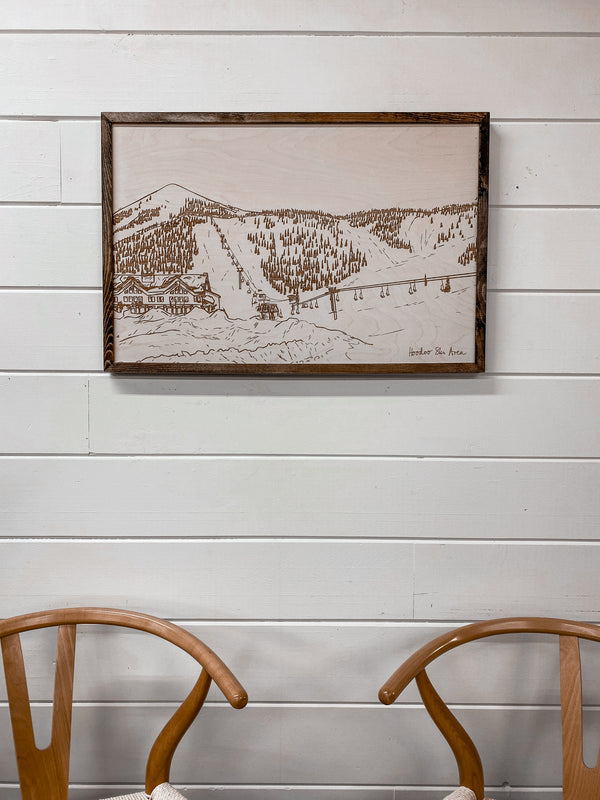 Hand Sketched Hoodoo Ski Area Lodge Oregon Wood Artwork