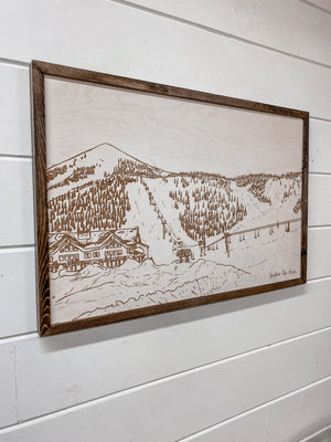 Hand Sketched Hoodoo Ski Area Lodge Oregon Wood Artwork
