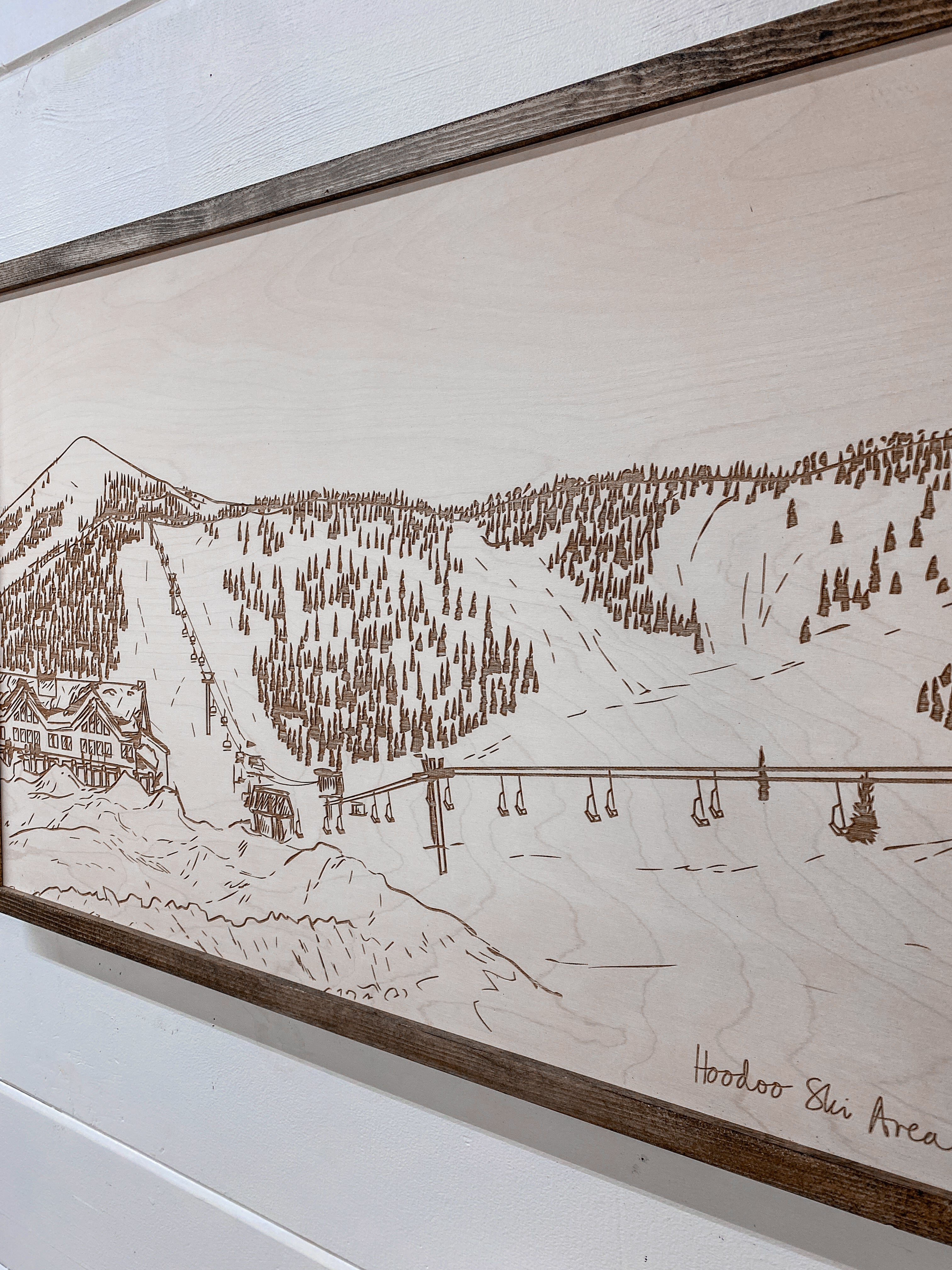 Hand Sketched Hoodoo Ski Area Lodge Oregon Wood Artwork