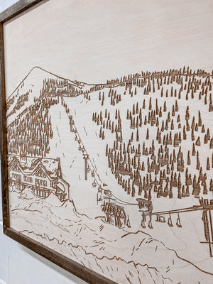 Hand Sketched Hoodoo Ski Area Lodge Oregon Wood Artwork
