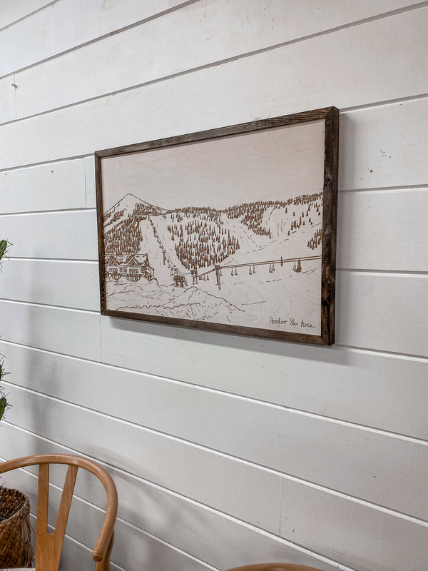 Hand Sketched Hoodoo Ski Area Lodge Oregon Wood Artwork