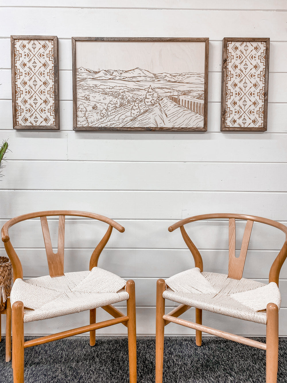 3 Piece Hand Sketched Strawberry Mountains Oregon with Aztec Wood Artwork