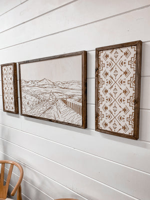 3 Piece Hand Sketched Strawberry Mountains Oregon with Aztec Wood Artwork
