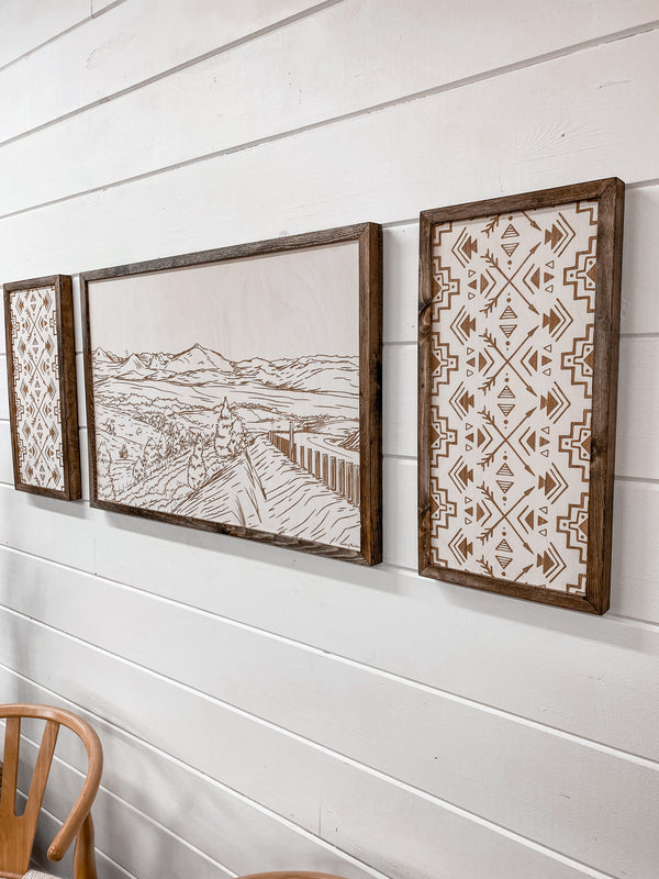 3 Piece Hand Sketched Strawberry Mountains Oregon with Aztec Wood Artwork
