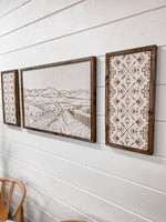 Load image into Gallery viewer, 3 Piece Hand Sketched Strawberry Mountains Oregon with Aztec Wood Artwork
