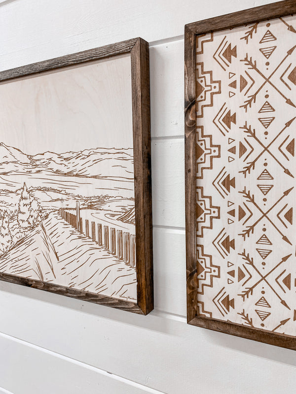 3 Piece Hand Sketched Strawberry Mountains Oregon with Aztec Wood Artwork