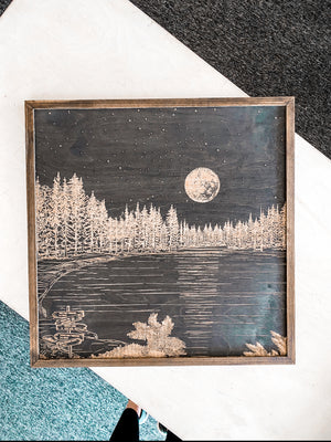 Waldo Lake Hand Sketched Engraved Wooden Artwork
