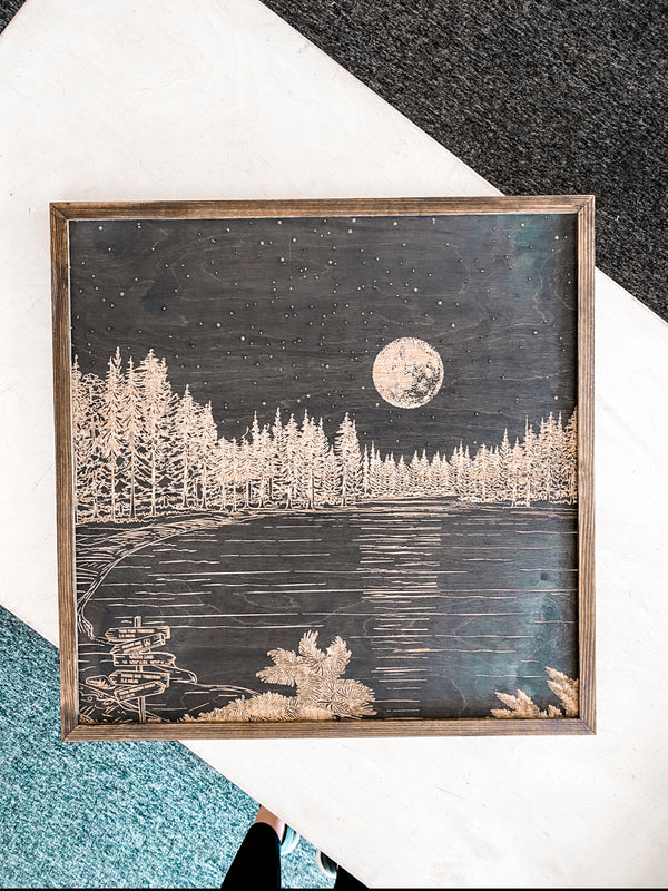 Waldo Lake Hand Sketched Engraved Wooden Artwork