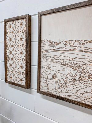 3 Piece Hand Sketched Strawberry Mountains Oregon with Aztec Wood Artwork