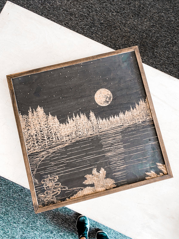 Waldo Lake Hand Sketched Engraved Wooden Artwork