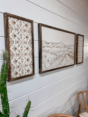 3 Piece Hand Sketched Strawberry Mountains Oregon with Aztec Wood Artwork