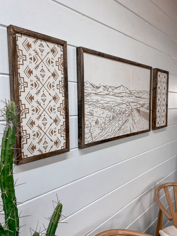 3 Piece Hand Sketched Strawberry Mountains Oregon with Aztec Wood Artwork