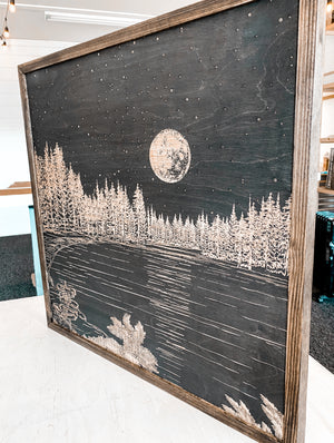 Waldo Lake Hand Sketched Engraved Wooden Artwork