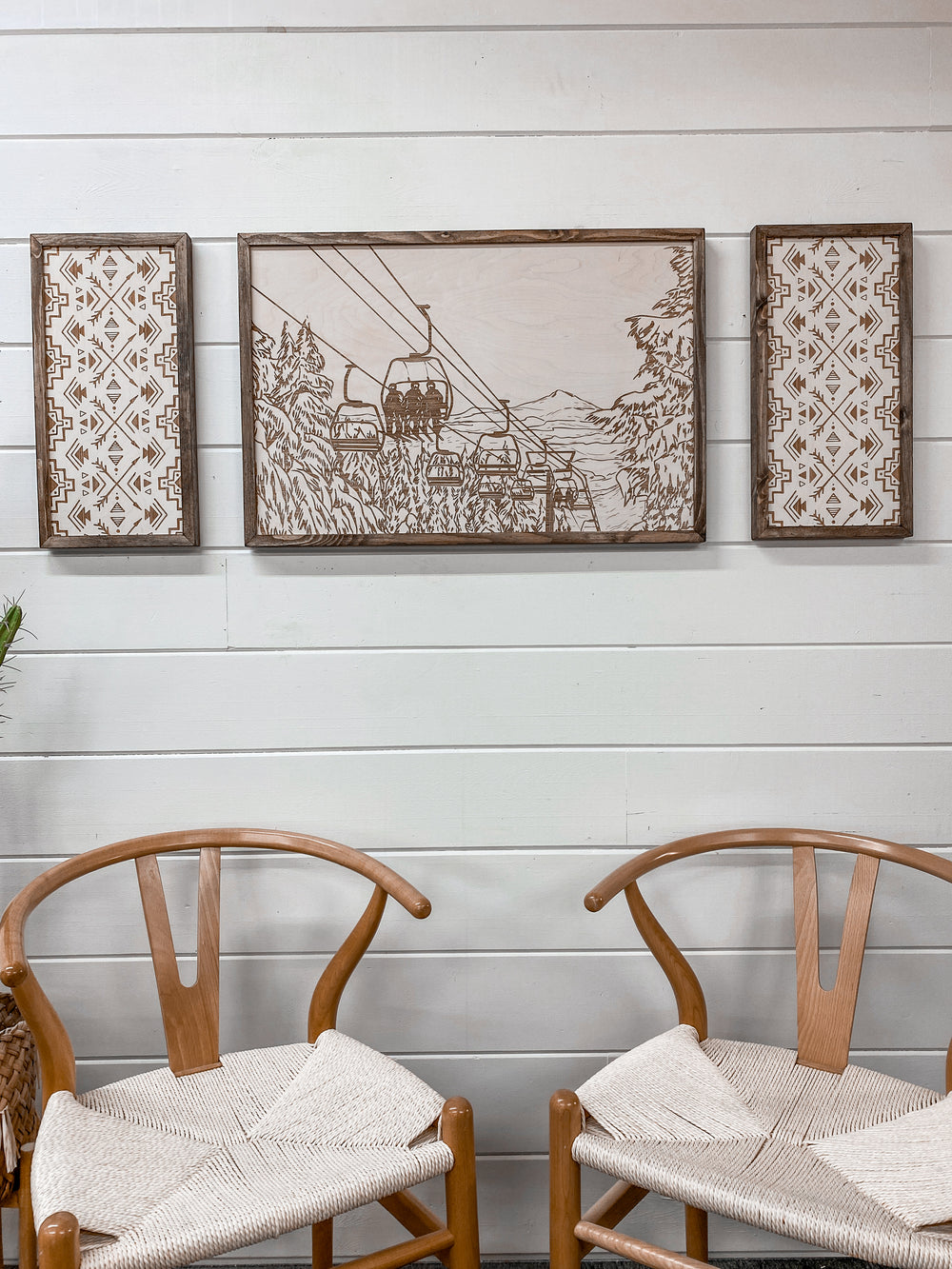 3 Piece Hand Sketched Timberline Ski Area with Aztec Wood Artwork
