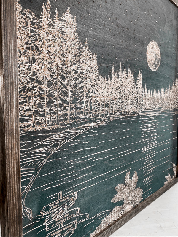 Waldo Lake Hand Sketched Engraved Wooden Artwork