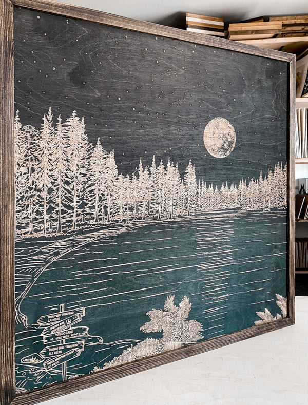 Waldo Lake Hand Sketched Engraved Wooden Artwork