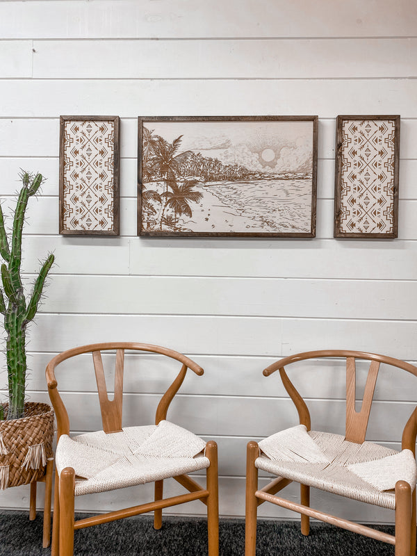 3 Piece Hand Sketched Punalu'u Beach with Aztec Wood Artwork