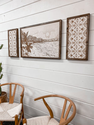 3 Piece Hand Sketched Punalu'u Beach with Aztec Wood Artwork