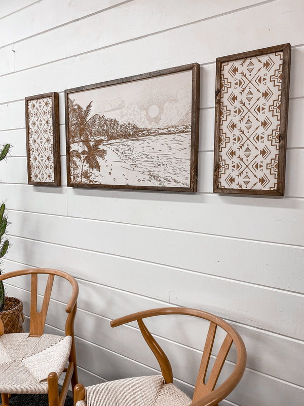 3 Piece Hand Sketched Punalu'u Beach with Aztec Wood Artwork