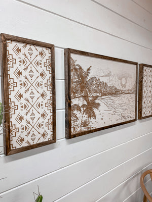 3 Piece Hand Sketched Punalu'u Beach with Aztec Wood Artwork