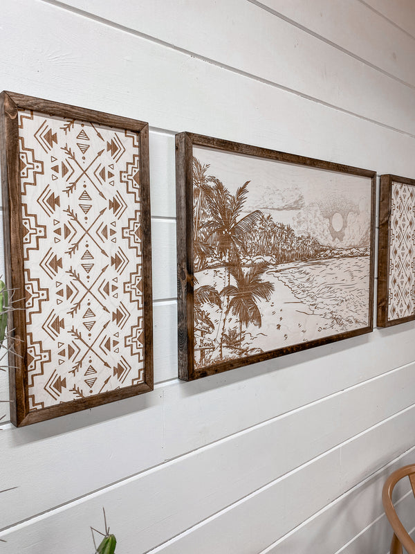 3 Piece Hand Sketched Punalu'u Beach with Aztec Wood Artwork