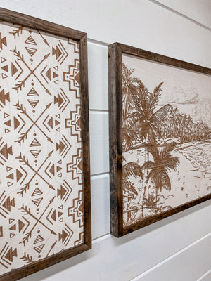 3 Piece Hand Sketched Punalu'u Beach with Aztec Wood Artwork