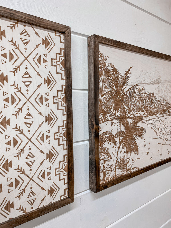 3 Piece Hand Sketched Punalu'u Beach with Aztec Wood Artwork