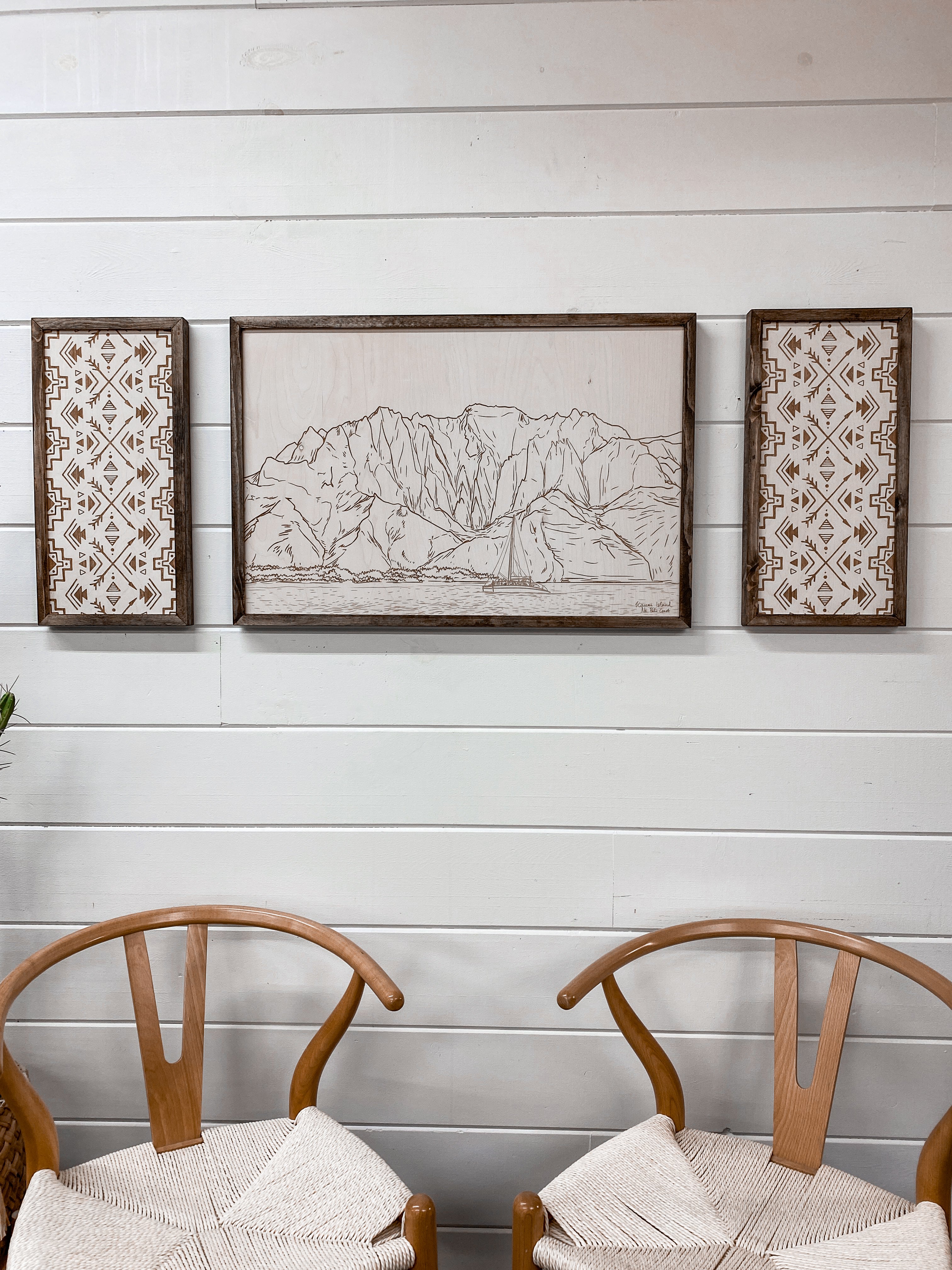 3 Piece Hand Sketched Kawaii Island Na Pali Coast Wood Artwork with Aztec