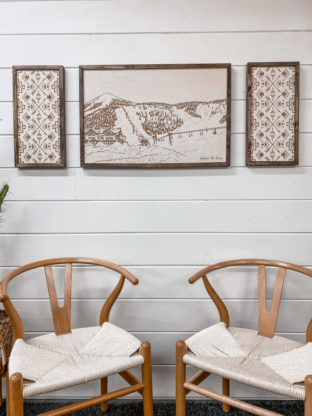 3 Piece Hand Sketched Hoodoo Ski Area Lodge Wood Artwork with Aztec