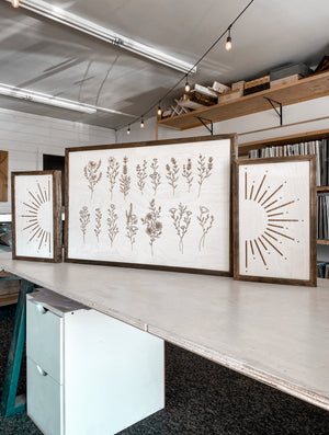 3 Piece Hand Sketched Flower & Sunburst Wood Artwork