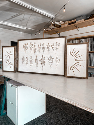 3 Piece Hand Sketched Flower & Sunburst Wood Artwork