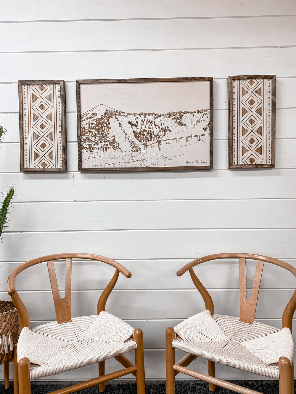 3 Piece Hand Sketched Hoodoo Ski Area Lodge Wood Artwork with Bold Aztec