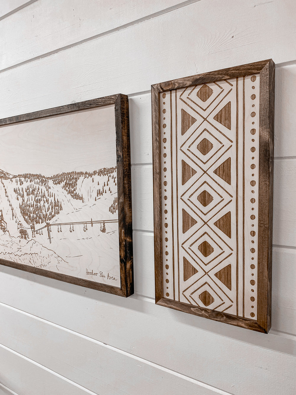 3 Piece Hand Sketched Hoodoo Ski Area Lodge Wood Artwork with Bold Aztec
