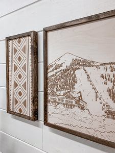 3 Piece Hand Sketched Hoodoo Ski Area Lodge Wood Artwork with Bold Aztec