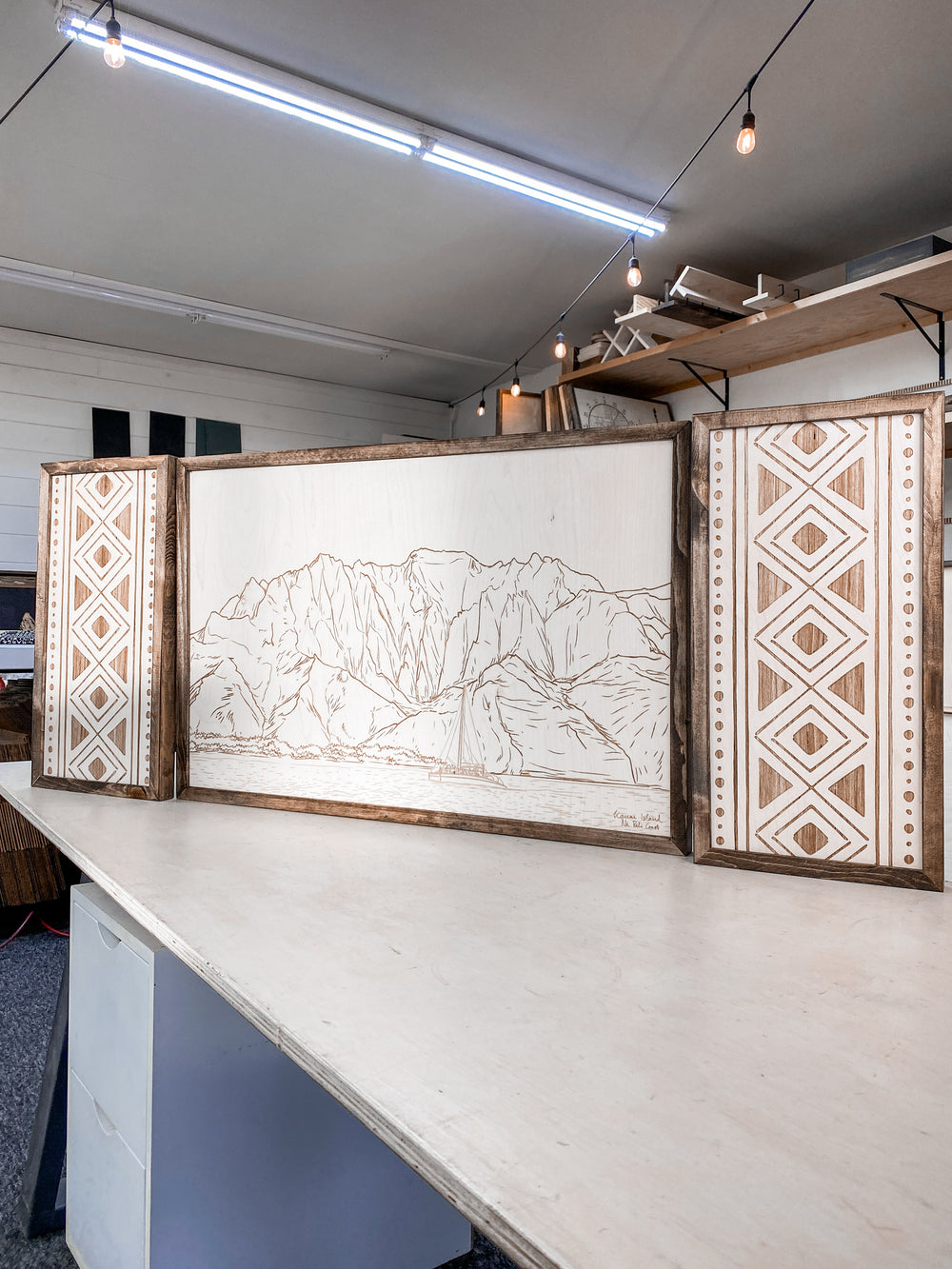 3 Piece Hand Sketched Kawaii Island Na Pali Coast with Bold Aztec Wood Artwork