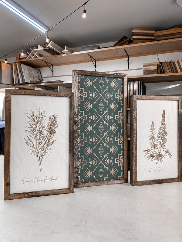 3 Piece Hand Sketched Oregon Flowers Black Aztec Arrows Wood Artwork